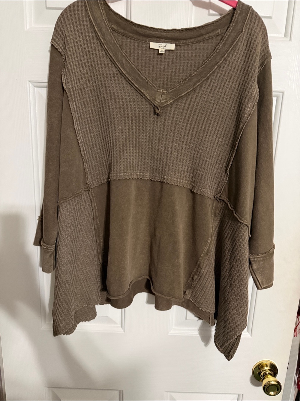 easel Olive BrownV-Neck Mixed Waffle & Knit Panel Tunic